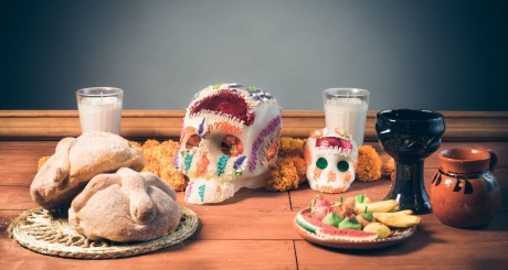 food and decorations for dia de los muertos